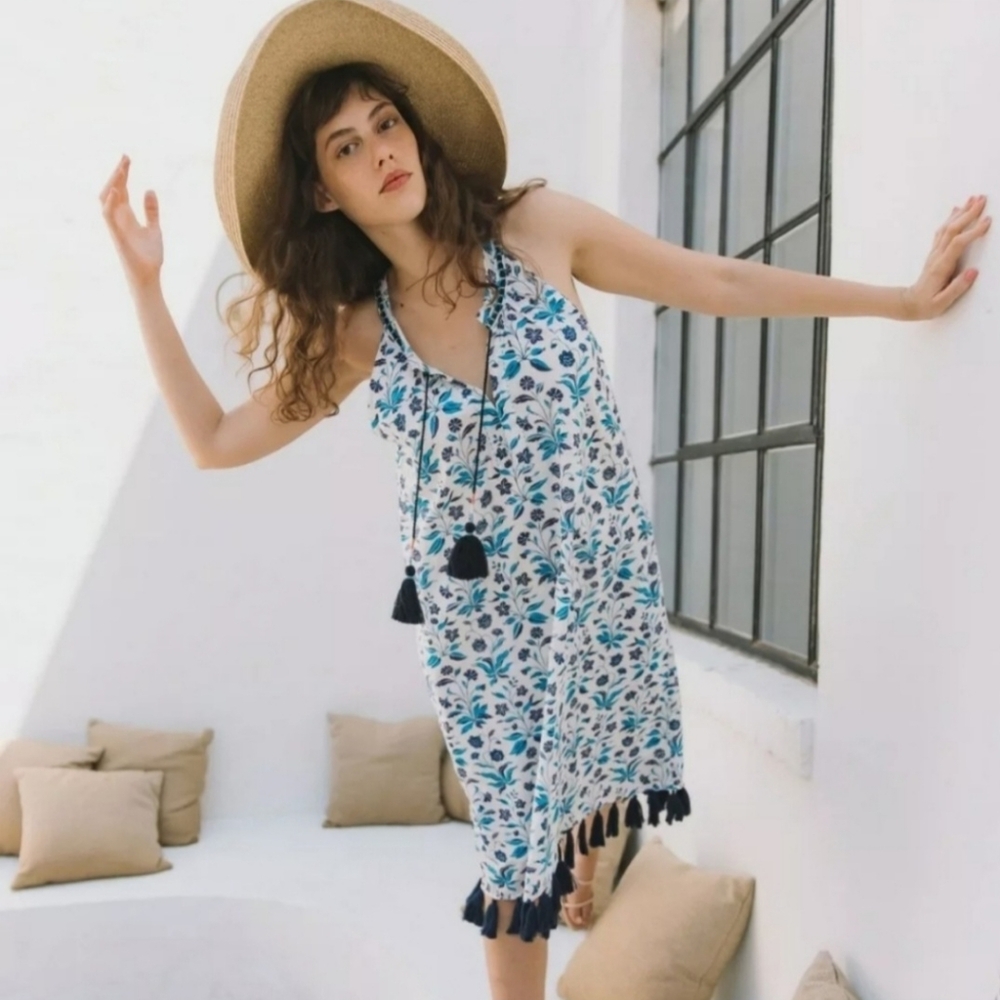 NWT Voloshin Paradise Tassel Boho Floral Shift Dress Blue White Small